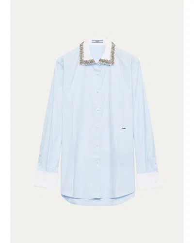 Prada Cotton Embellished Contrast-collar Shirt In Blue
