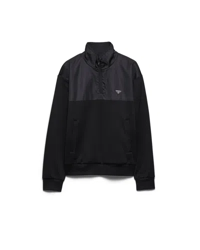 Prada Sweatshirt Aus Baumwollfleece Mit Halbem Reissverschluss Und Details Aus Re-nylon In Black