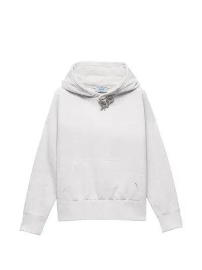 Prada Cotton Fleece Hoodie With Jewel Brooch In Gray