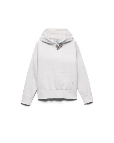 Prada Cotton Fleece Hoodie With Jewel Brooch In Grey