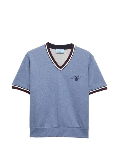 Prada Cotton Fleece V-neck Sweatshirt In Blue
