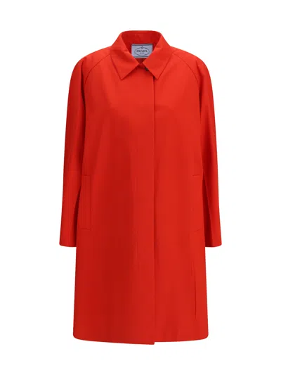Prada Cotton Gabardine Coat With Classic Collar In Orange