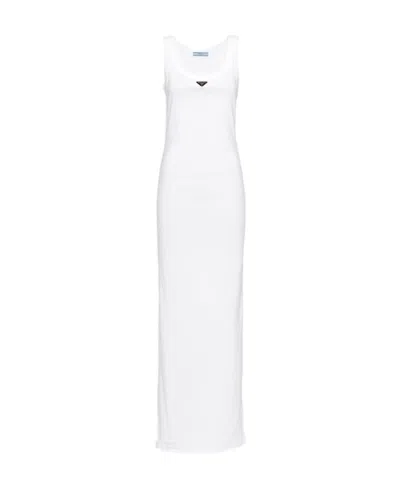 Prada Logo Cotton Jersey Maxi Dress In White