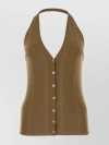 PRADA COTTON KNIT HALTER V-NECK WITH RIBBED TEXTURE AND BUTTON ACCENTS