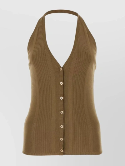 Prada Cotton Knit Halter V-neck With Ribbed Texture And Button Accents In Green