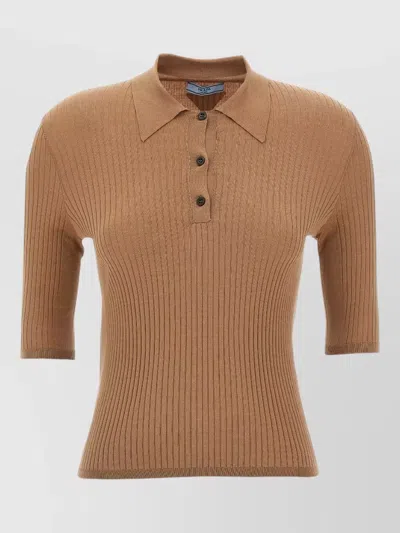 Prada Cotton Knit Polo Shirt Short Sleeves In Brown