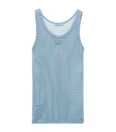 Prada Womens Light Blue Sleeveless Triangle-plaque Cotton Mesh Top