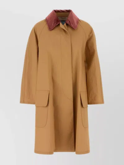 Prada Cotton Overcoat With Contrast Collar And Front Pockets In Multi