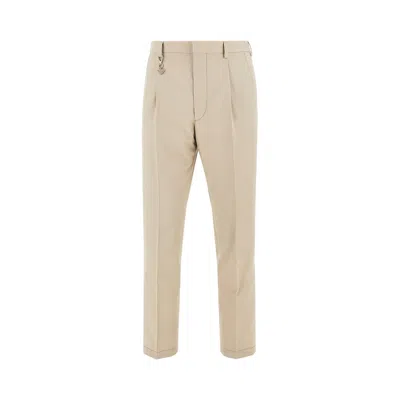 Prada Pleated Cotton Trousers With Charm Clothing In Neutral