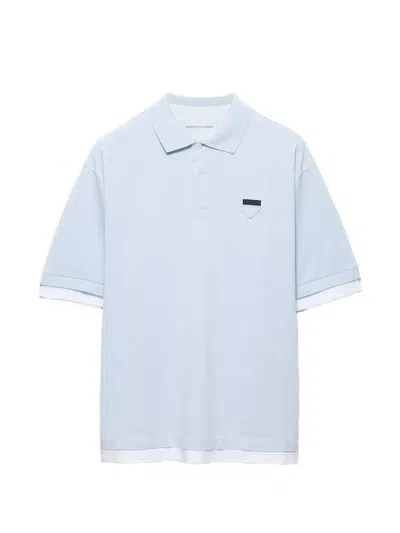 Prada Mens Light Blue Layered-effect Boxy-fit Cotton Polo Shirt Xl