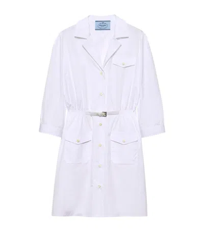 Prada Button Down Belted Poplin Midi Shirt Dress In White
