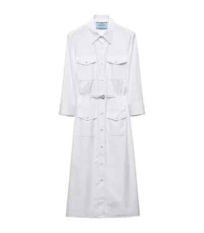 Prada Button Down Belted Poplin Midi Shirt Dress In White