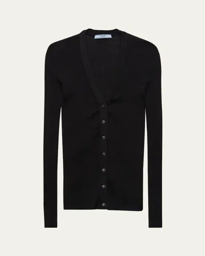 Prada Cotton Rib V-neck Cardigan