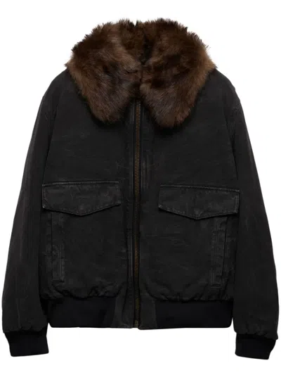 Prada Cotton Blouson Jacket With Shearling Collar In Black