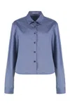Prada Collared Neck Long Sleeve Textured Fabric Top In Blue