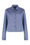 Prada Collared Neck Long Sleeve Textured Fabric Top In Blue