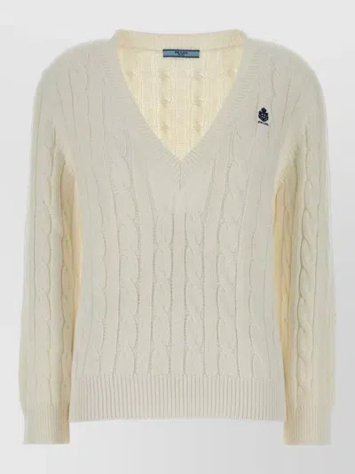 Prada Cotton Sweater Cable Knit V Neckline In Neutral