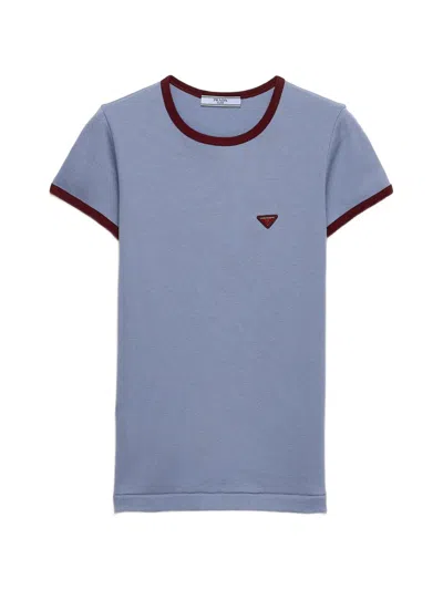 Prada Cotton T Shirt Crew Neck Contrast Trim In Blue