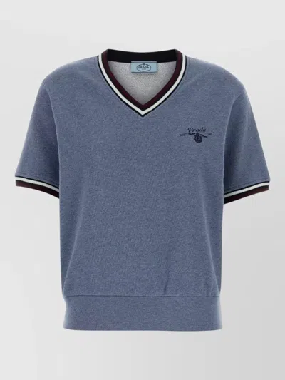 Prada Cotton T Shirt Contrast Trim V Neckline In Blue