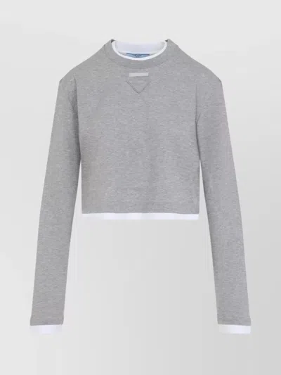 Prada Cotton T-shirt Cropped Length Long Sleeves In Gray