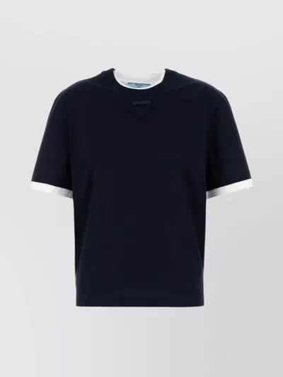 PRADA COTTON T-SHIRT WITH CONTRAST TRIM AND CREW NECK
