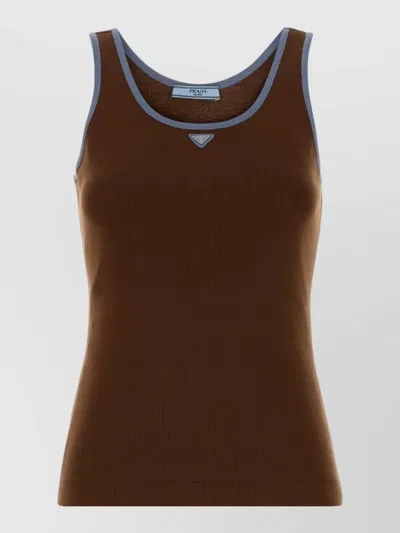 Prada Cotton Tank Top Sleeveless Contrast Trim In Brown