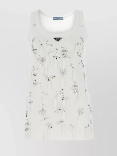 Prada Cotton Tank With Embellished Scoop Neck In Gray