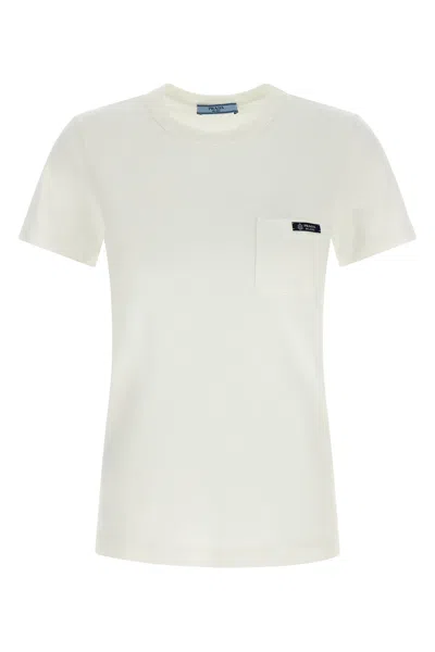 Prada Cotton T-shirt With Logo Pocket In Bianco