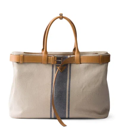 Prada Cotton-leather Canvas Tote Bag In Neutral