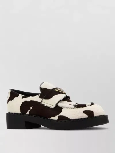 Prada Cow Hair Loafers Block Heel Round Toe In White