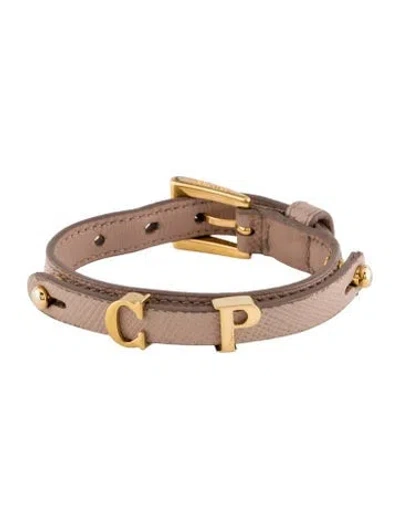 Pre-owned Prada Cp Leather Cuff Bracelet, 7" In Brown