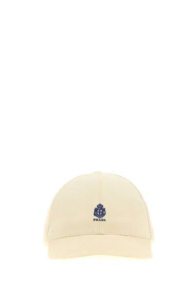 Prada Cotton Baseball Cap With Calfskin Leather Details In Neutral