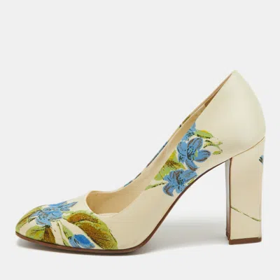 Pre-owned Prada Cream Floral Print Satin Square Toe Pumps Size 36.5