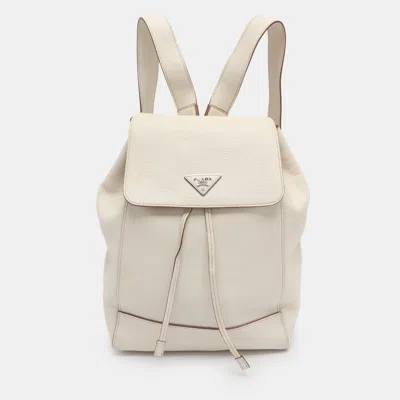 Pre-owned Prada Cream Leather Drawstring Backpack In White