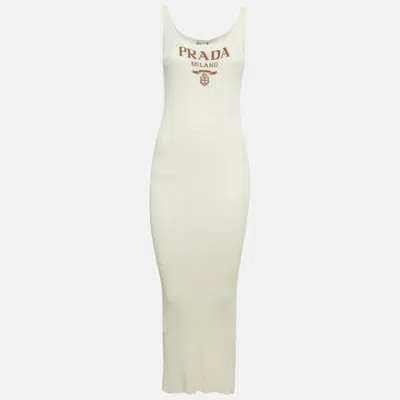Pre-owned Prada Cream Logo Intarsia Rib Knit Midi Dress S In White