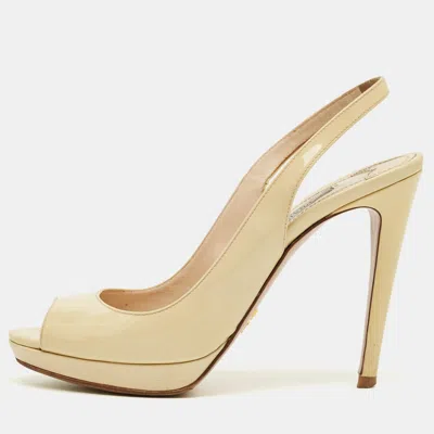 Pre-owned Prada Cream Patent Leather Peep Toe Slingback Pumps Size 38.5 In White