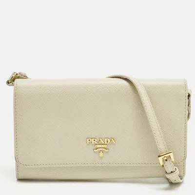 Pre-owned Prada Cream Saffiano Leather Crossbody Wallet On Strap In White
