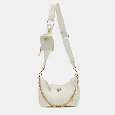Prada Re-edition 2005 Raffia Shoulder Bag In White
