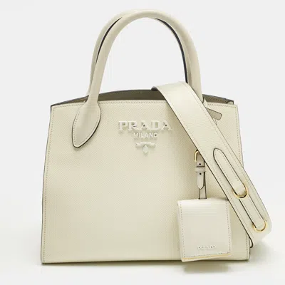 Pre-owned Prada Cream Soffiano Cuir Leather Small Monochrome Tote In White