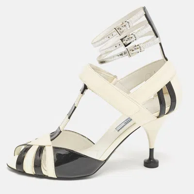 Pre-owned Prada Cream/black Patent Leather Ankle Strap Sandals Size 38