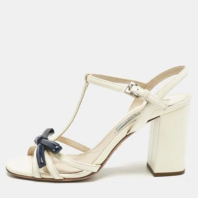 Pre-owned Prada Cream/blue Patent Leather Ankle Strap Sandals Size 36.5