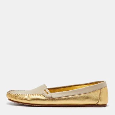 Pre-owned Prada Cream/gold Leather Slip On Loafers Size 36.5