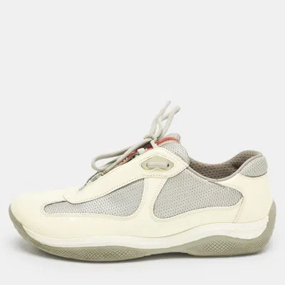 Pre-owned Prada Cream/grey Mesh And Patent Leather Low Top Sneakers Size 38.5