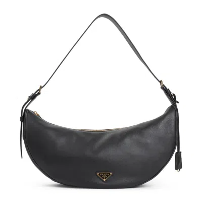 Prada Crescent-shaped Black Calf Leather Handbag With Gold-tone Logo