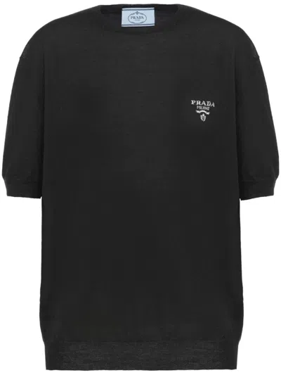 Prada Logo-embroidered Short-sleeve Jumper In Black