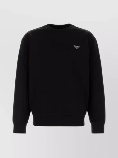 Prada Crew Neck Cotton Blend Sweatshirt In Black