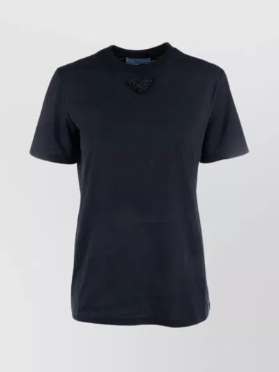 Prada Crew Neck Embellished Detail Short Sleeves Top In Blue