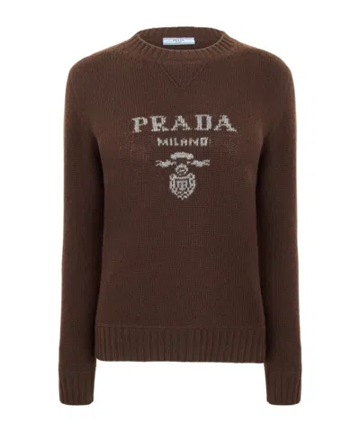 Prada Crew Neck Logo Sweater In Brown