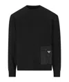 Prada Stretch Viscose-polyamide T-shirt Sweatshirt With External Pocket And Calf Leather Detail In Black