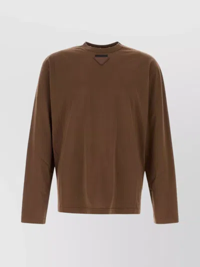 Prada Crew Neck Long Sleeves Plain T-shirt In Brown